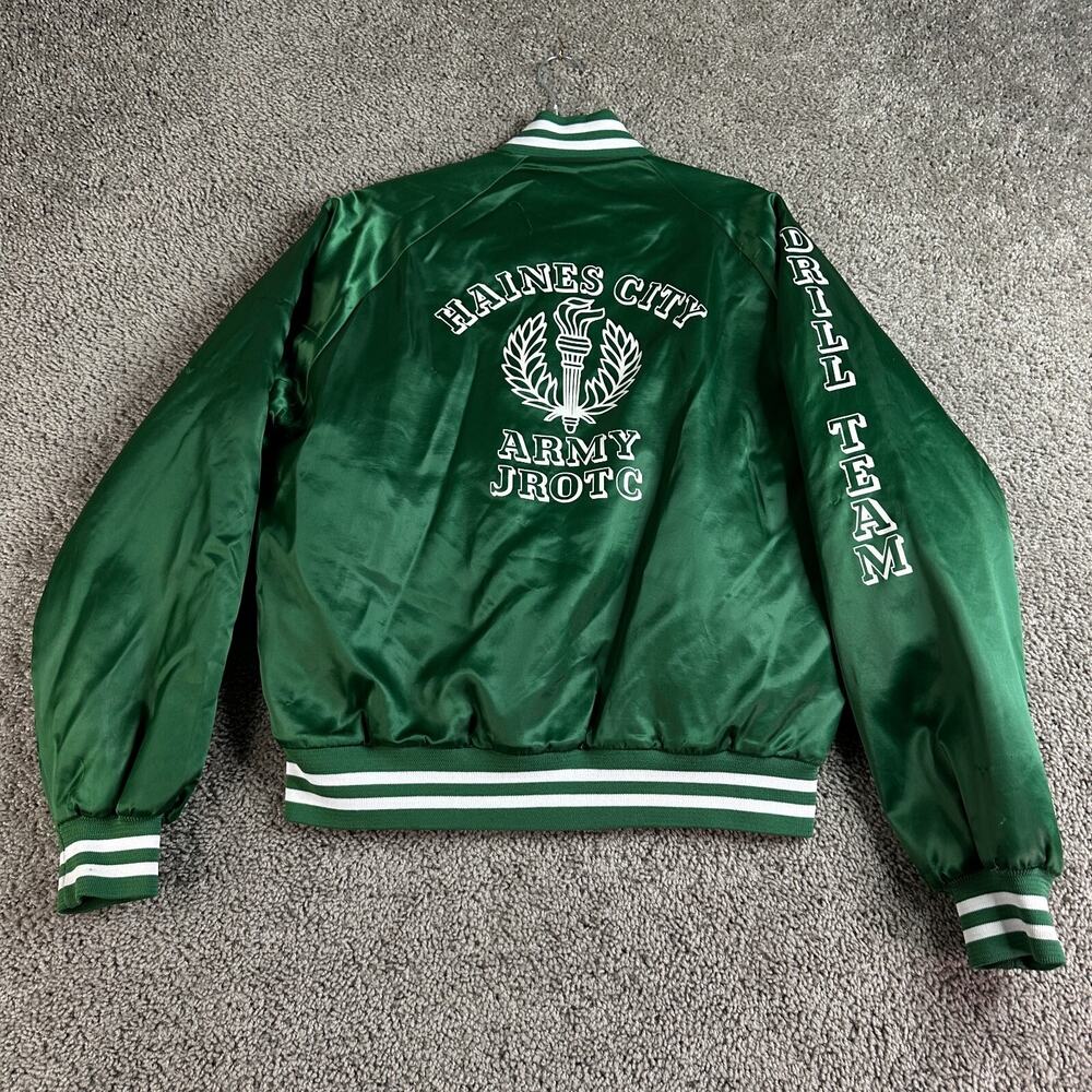 VINTAGE Nasco Haines City Florida JROTC Bomber Jacket Mens M Green Satin